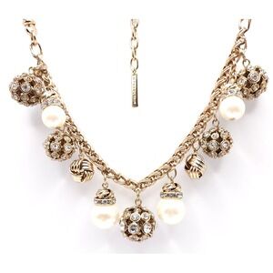 Mythologie Gold Tone Bauble Necklace Women's Chunky Faux Pearl Crystal 16 in